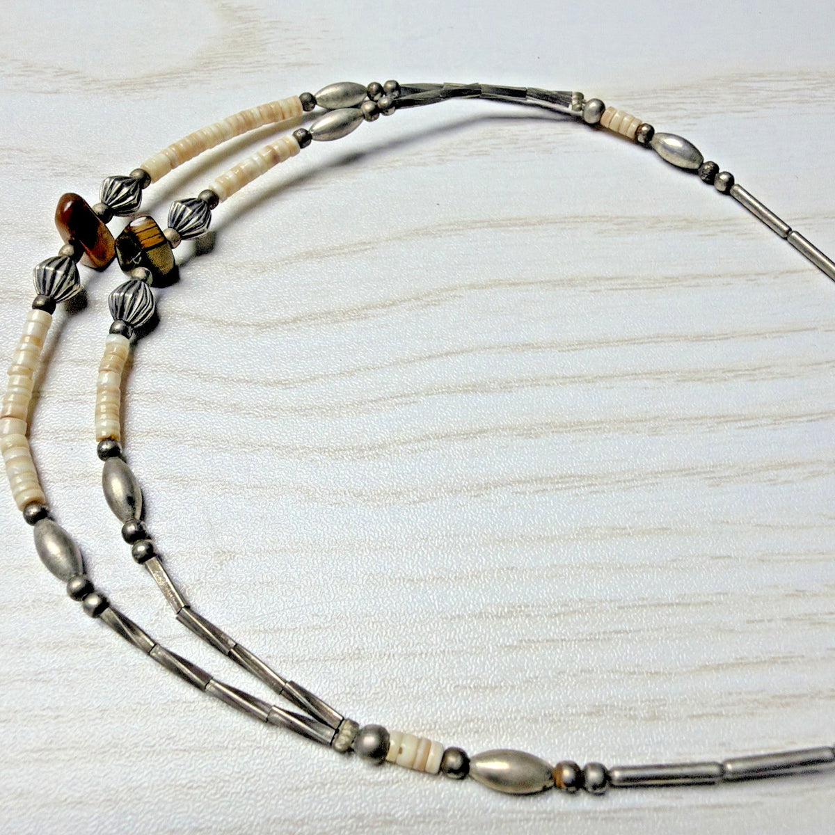 Vtg Liquid Silver Heishi Bead Tigers Eye Stone Necklace Sterling Southwestern