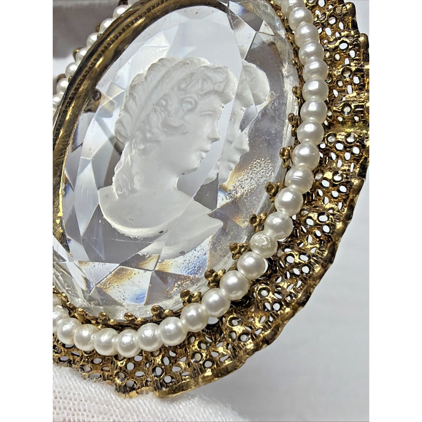 West Germany Intaglio Victorian Cameo Faceted Brooch Filigree Mini Faux Pearls