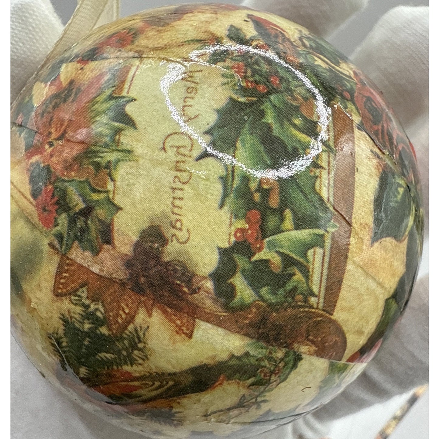 Vintage Set of 6 Christmas Decoupage Paper Mache Victorian Ornaments Box Ribbon