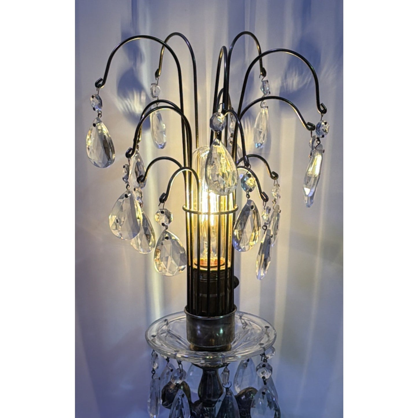 MCM Hollywood Regency Crystal Glass Brass Metal Waterfall Lamp Cherubs As Is