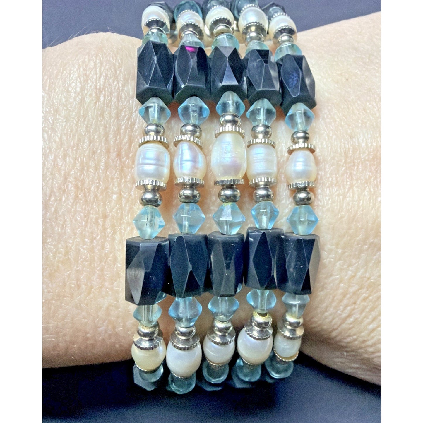 Vintage Layered Beaded Hematite Magnetic Necklace Bracelet Pearl Blue Crystal