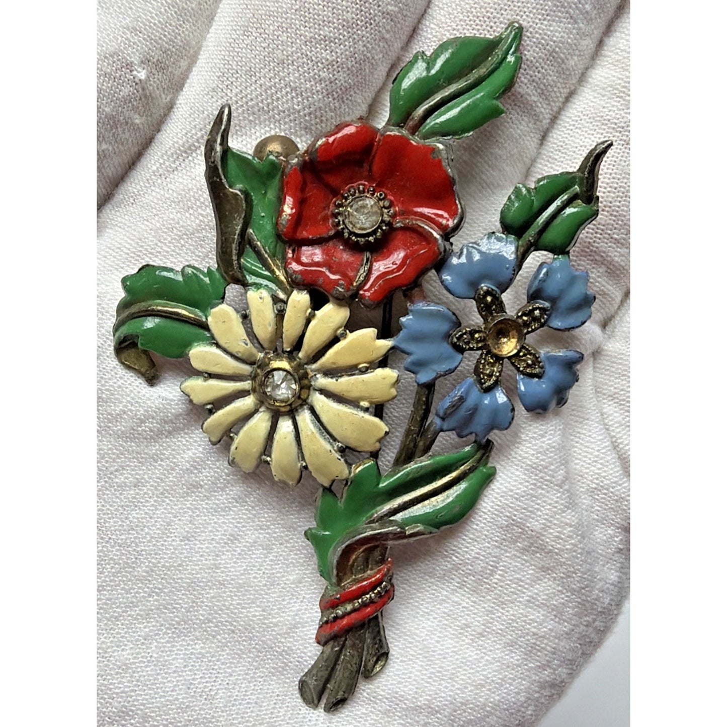 Art Deco Enamel Flower Brooch Bouquet Brass Vial Rhinestone Pot Metal As Is