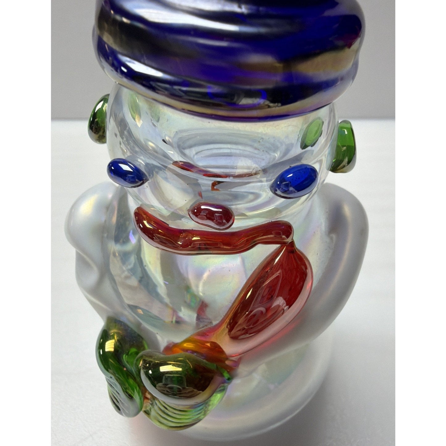 Vintage Art Glass Snowman Iridescent Applied Glass Paperweight Figurine