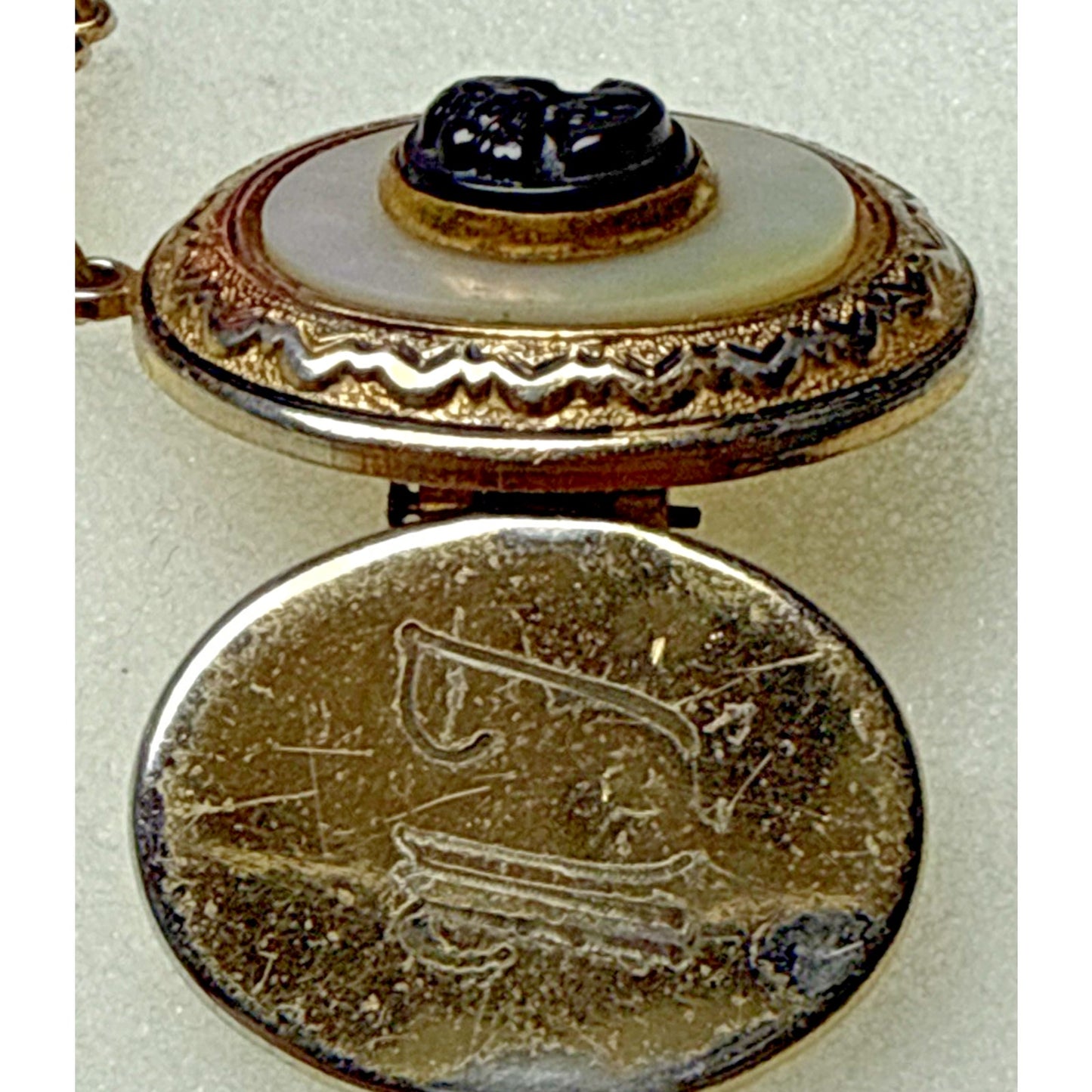 Vintage Black Celluloid Cameo Mother Of Pearl Locket Engraved Pendant Necklace