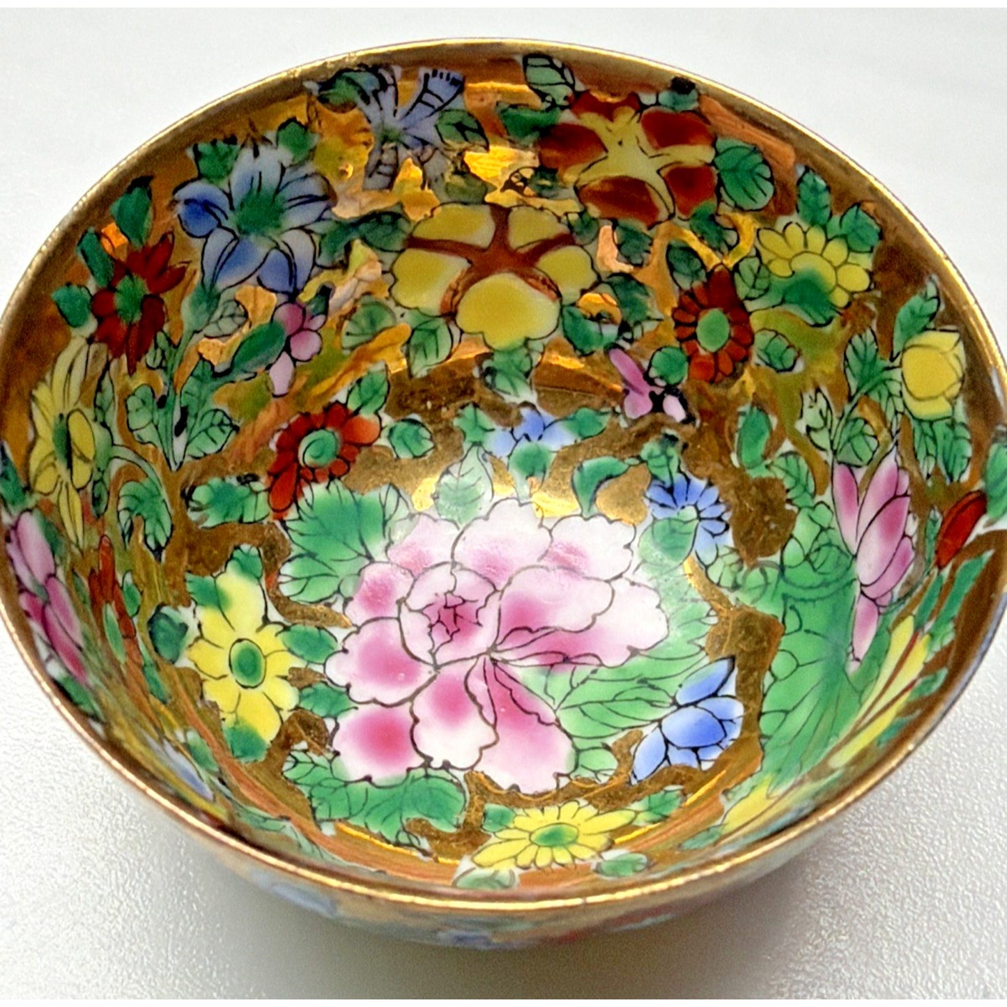 Old Eggshell Porcelain Gilt Enamel Chinese Famille Rose Mille Fleurs Wine Sake