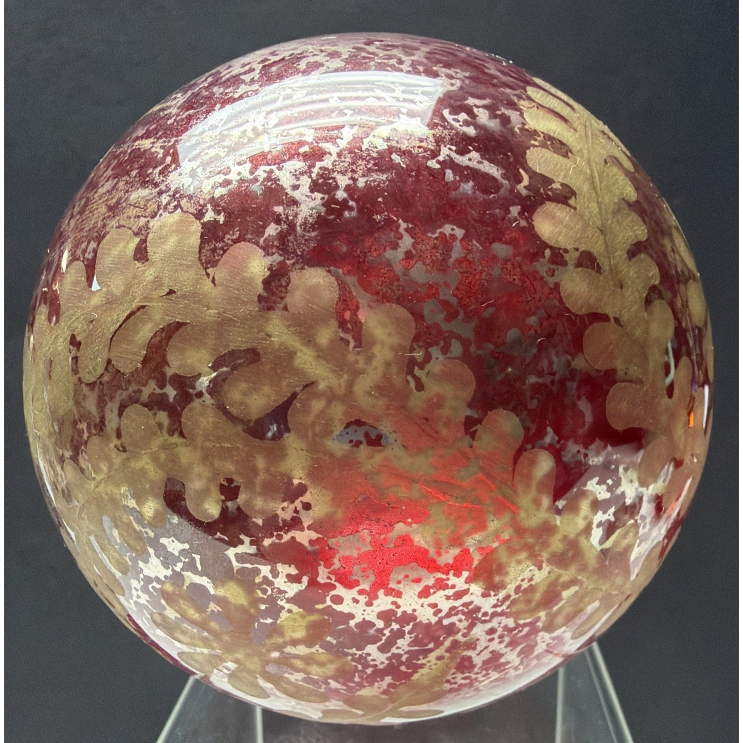 Pottery Barn Red Mottle Mercury Glass Ornament Gold Etched Snowflake As Is Read