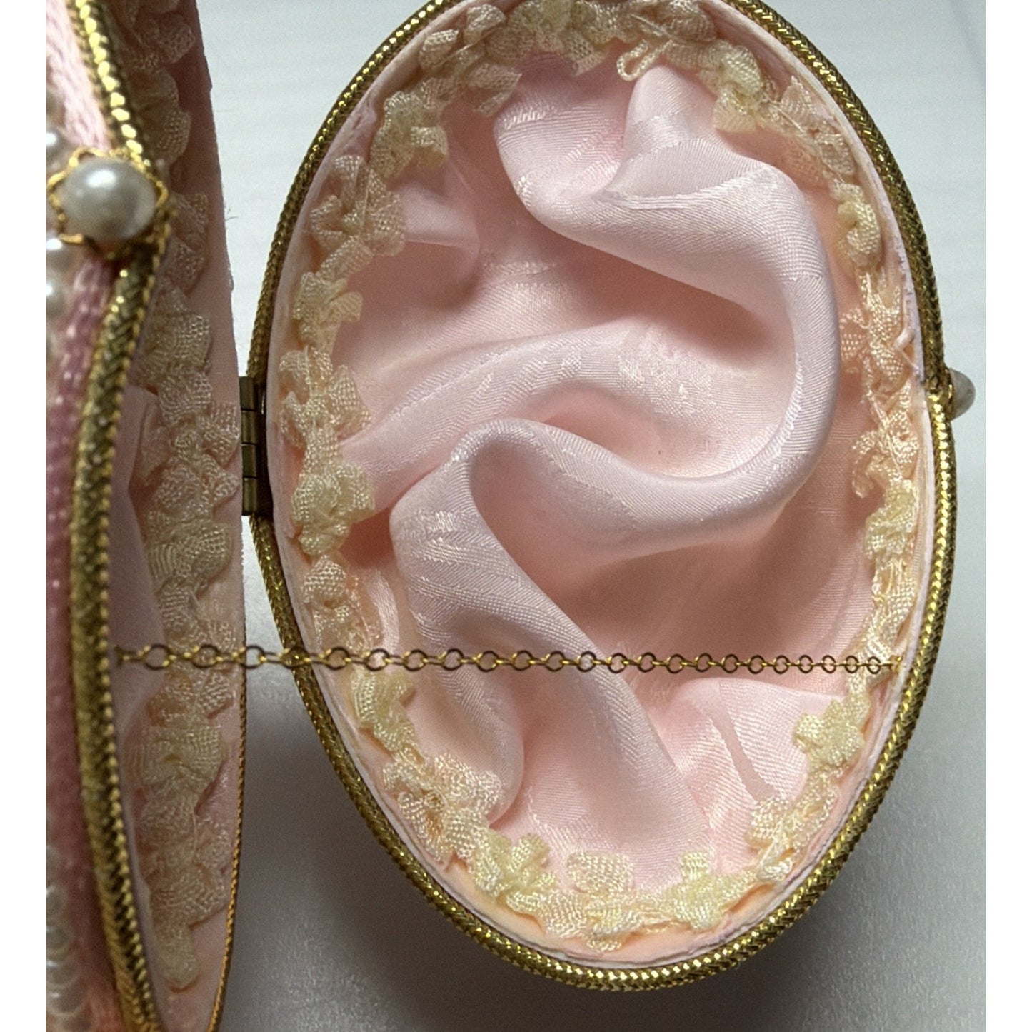 Egg Fantasy Hand Decorated Goose Egg Pink Trinket Jewelry Box Porcelain Flowers