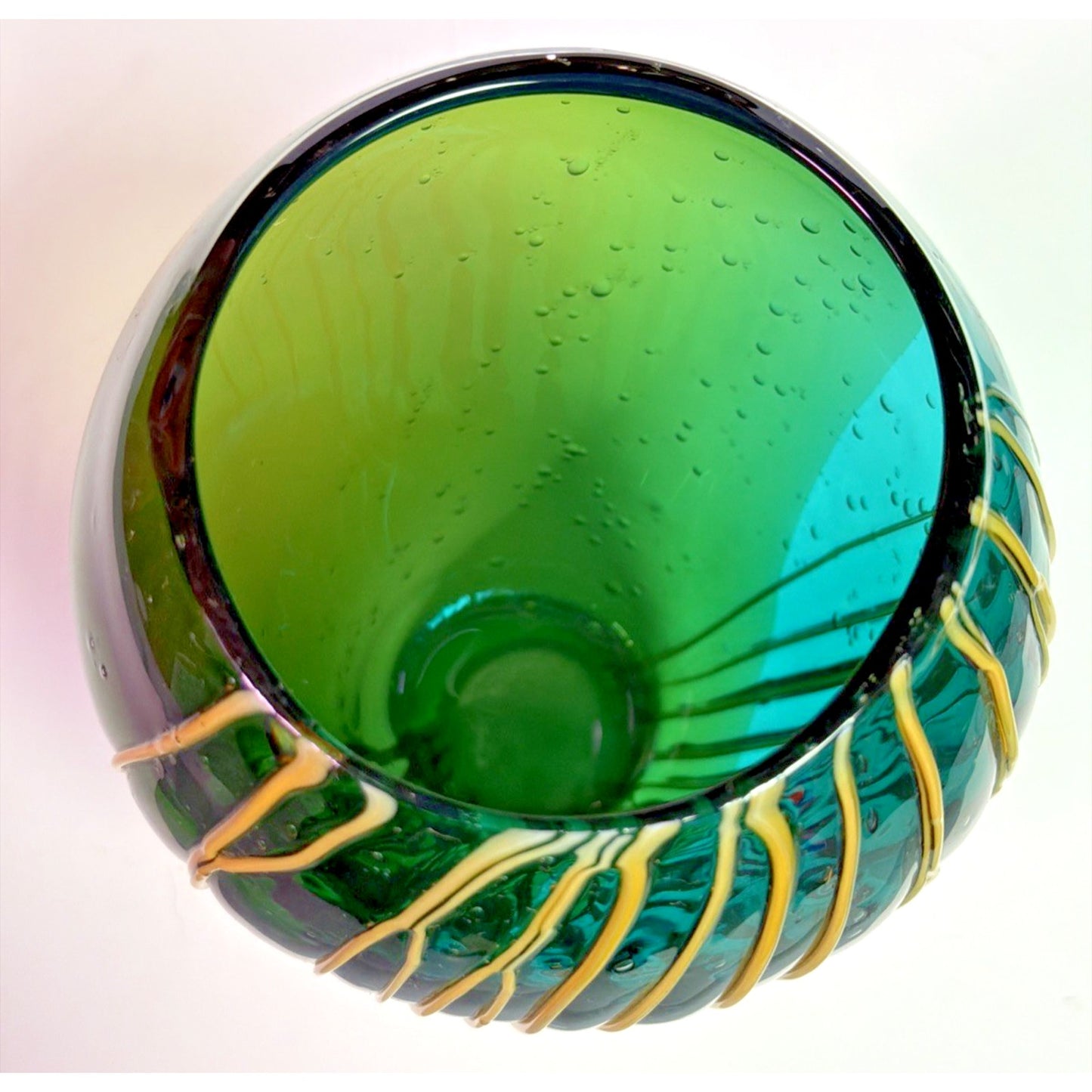 Vtg Art Glass Bubble Vase Teal Green Ombre Yellow Threaded Living Color Collect