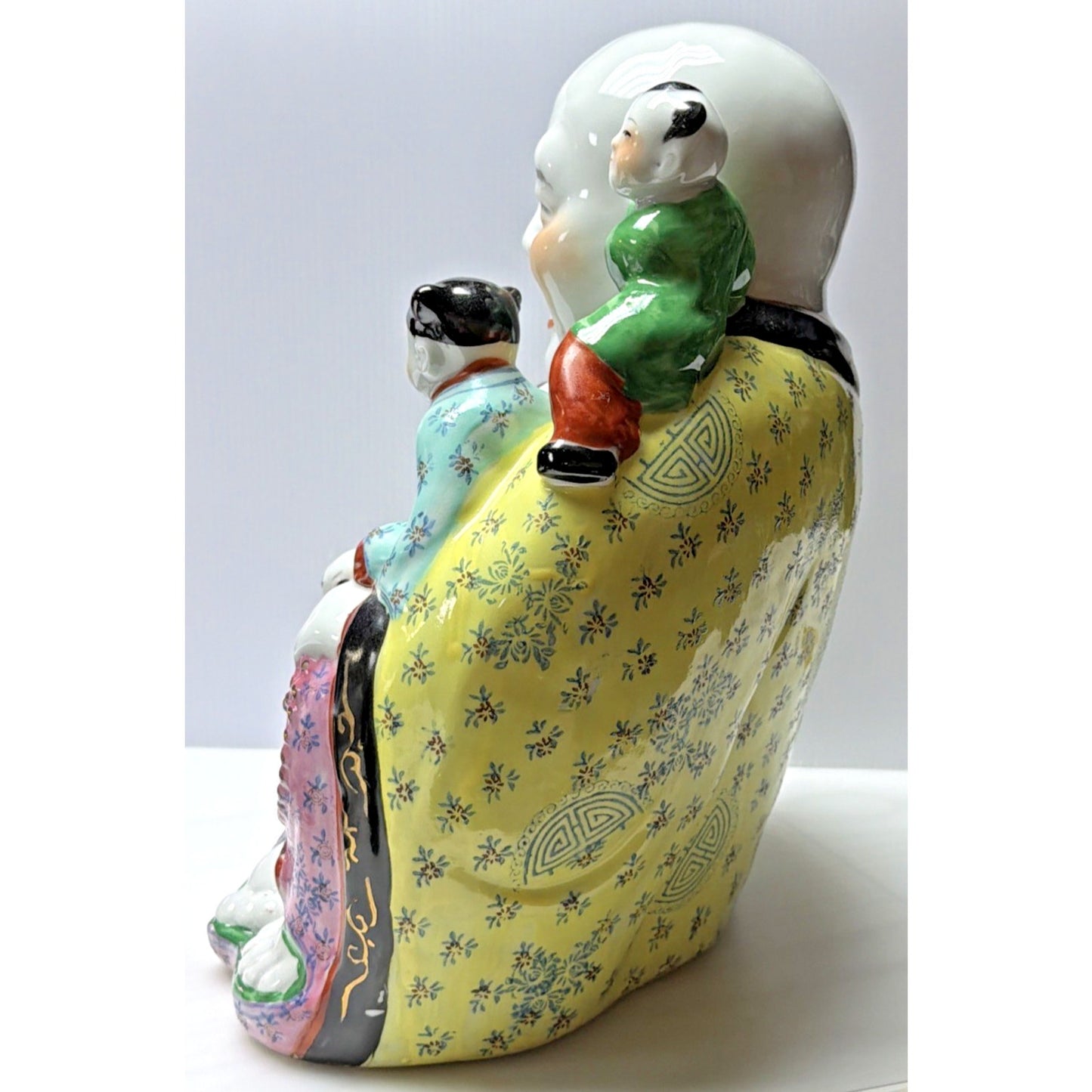 Chinese Famille Rose Jaune Laugh Buddha Fertility Painted 5 Children 12" Stamped