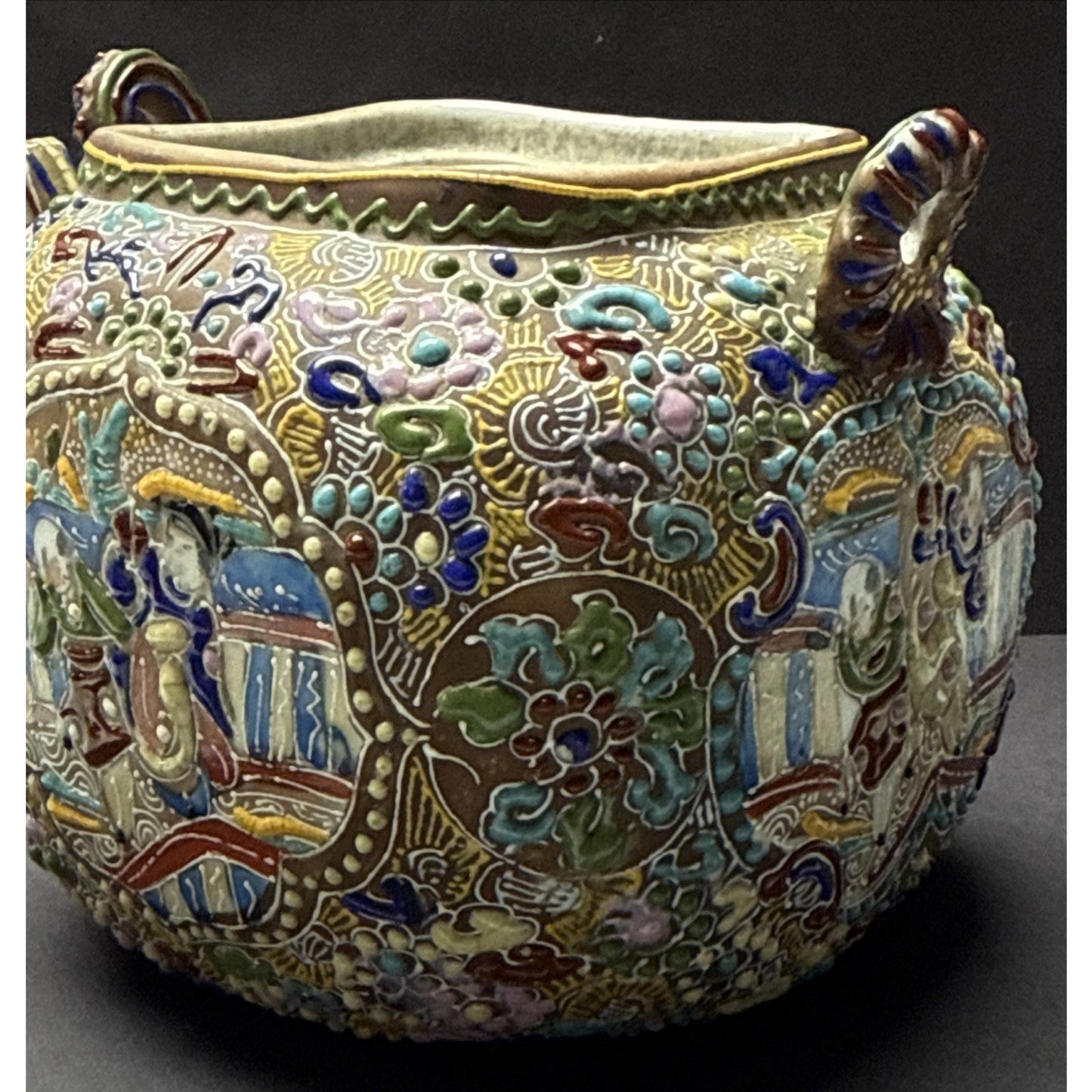 Antique Japanese Satsuma Teapot Beaded Moriage Ornate As-Is No Lid