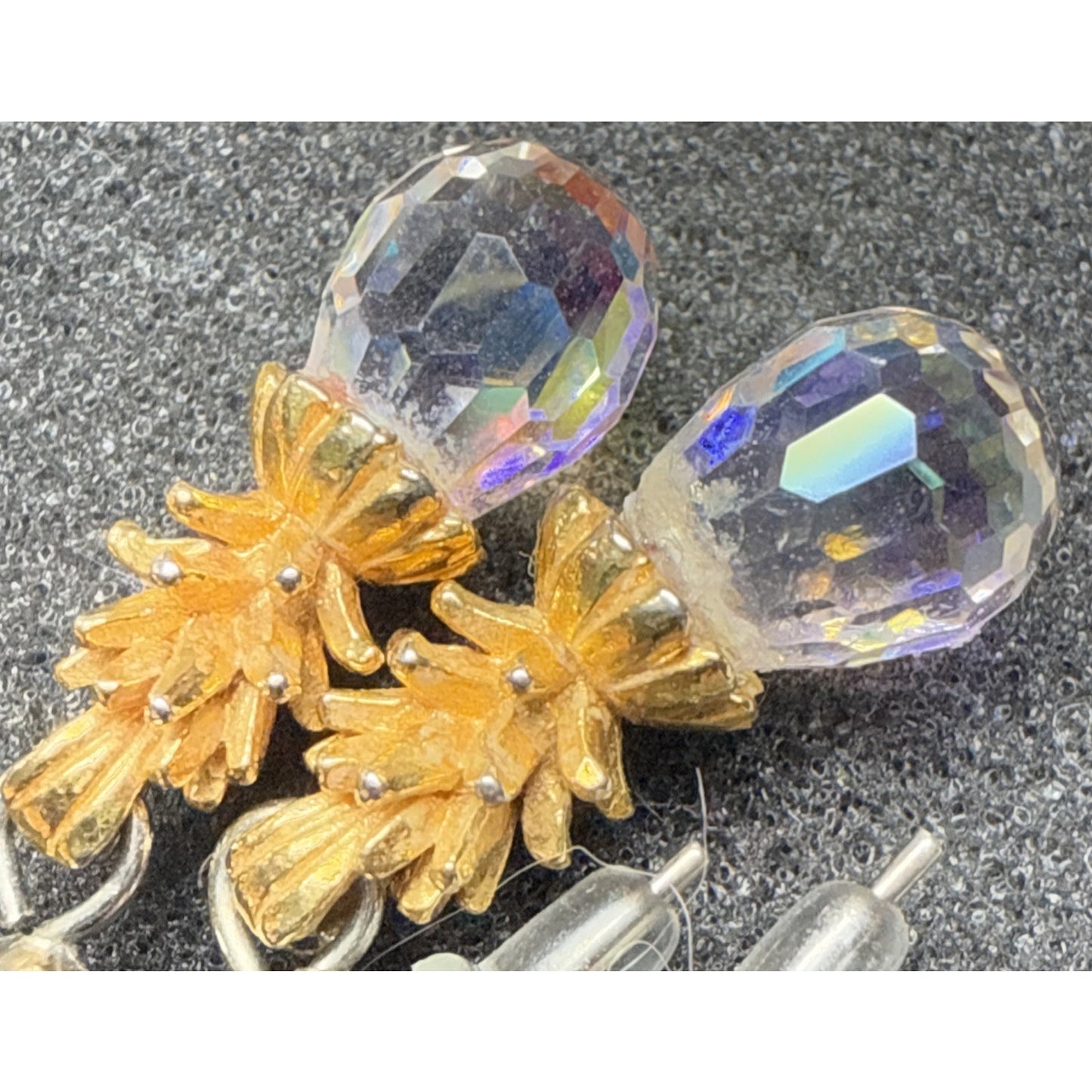 Vintage Set Faceted Crystal Pineapple Earrings and Pendant Charm As Is