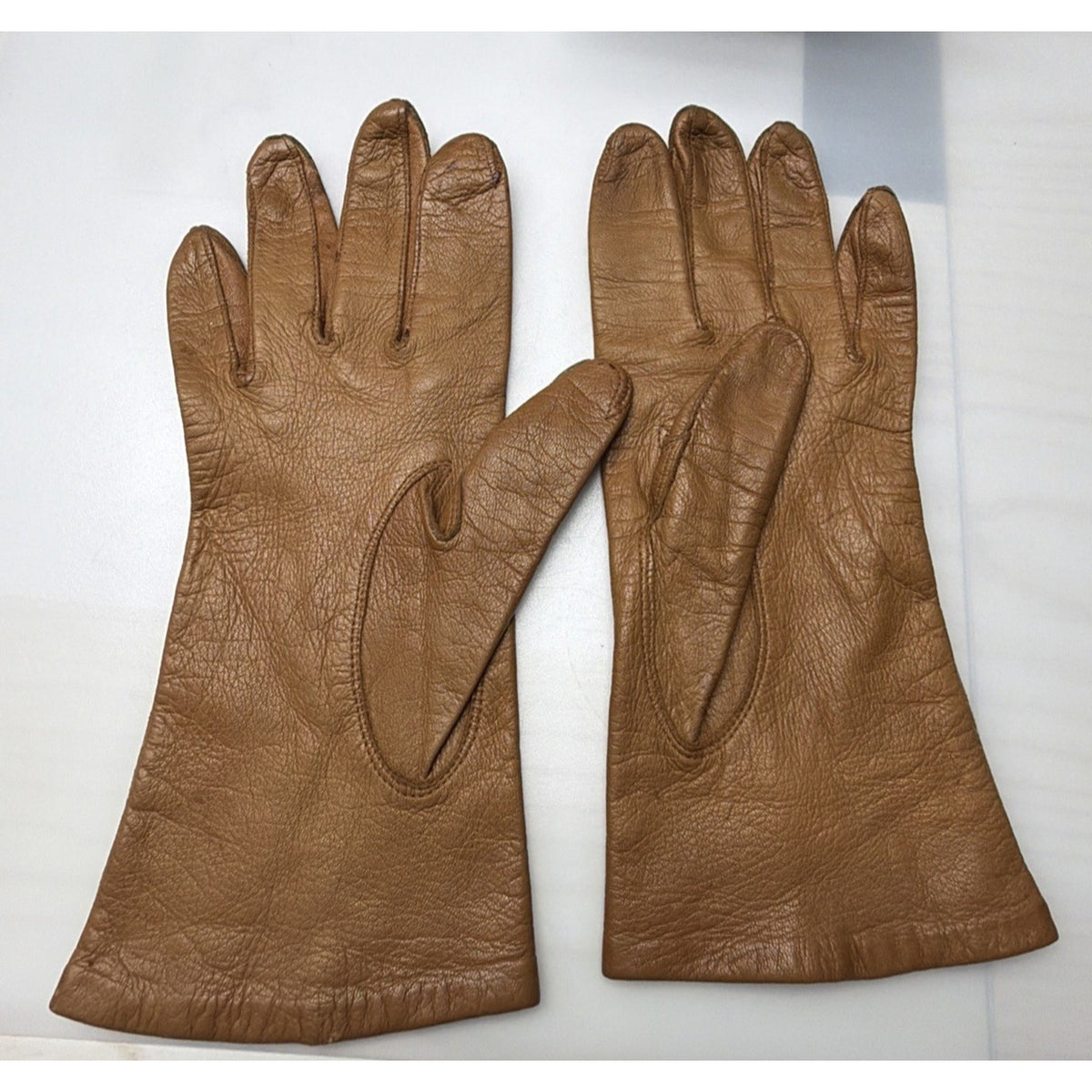 Vintage Womens Atkins Italy Caramel Leather Gloves Silk Lined As Is Sz 7.5 As Is