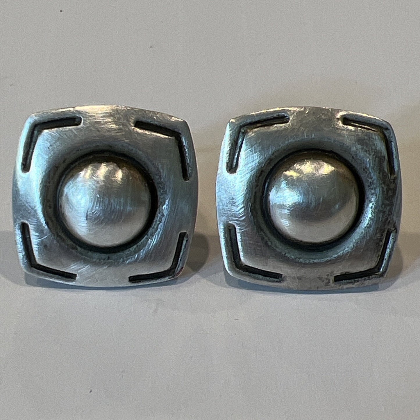Vintage Southwestern Sterling Silver Square Round Dome Clip On Earrings