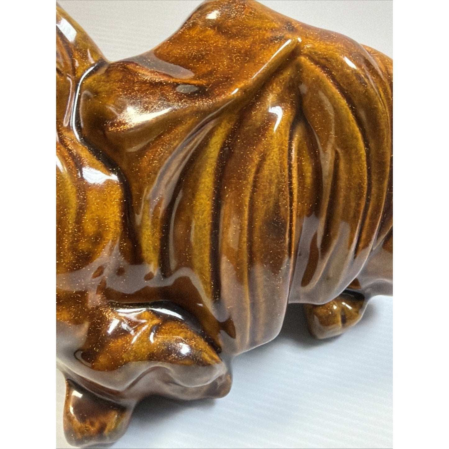 Vintage Pekingese Dog Statue Ceramic Mold Brown Copper Aventurine Glaze Signed
