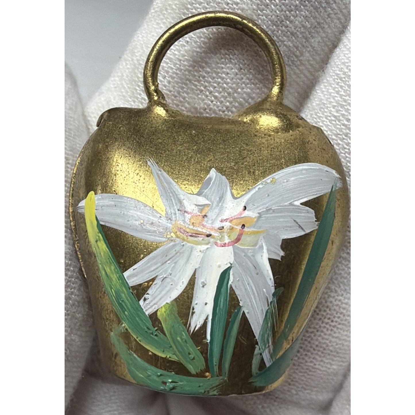 Vtg Gold Metal Brass Cow Bell Hand Painted Flower Floral Signed Liechtenstein