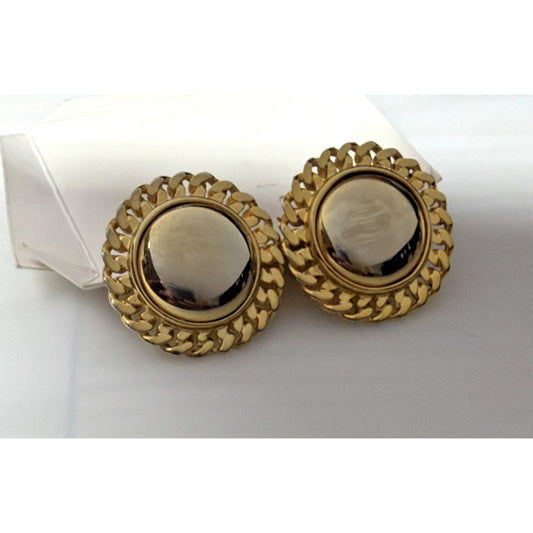 Vintage Button Dome Earrings Gold Tone Round Curb Chain Braided Border Clip On
