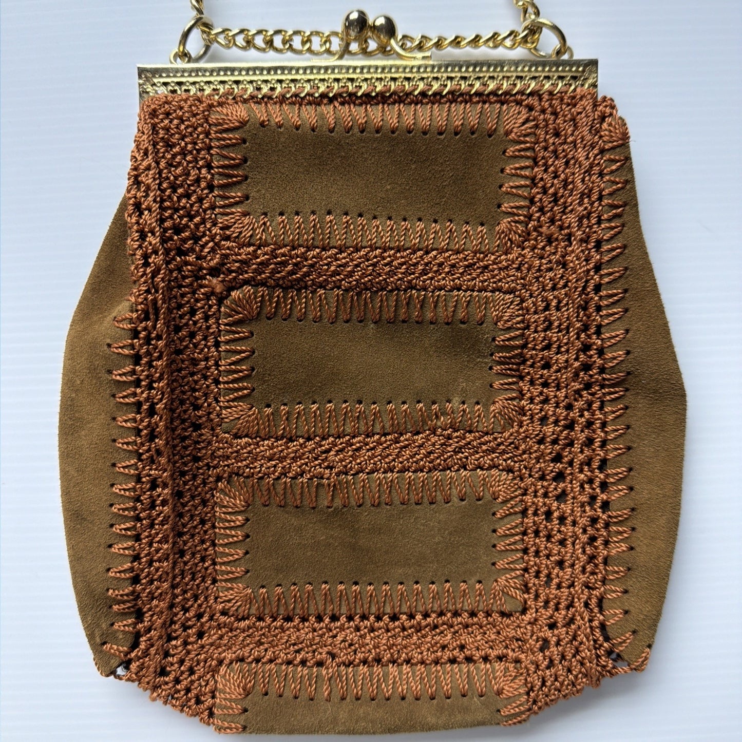 Vintage Solar Ltd Italy Brown Suede Leather Crochet Patchwork Purse As Is