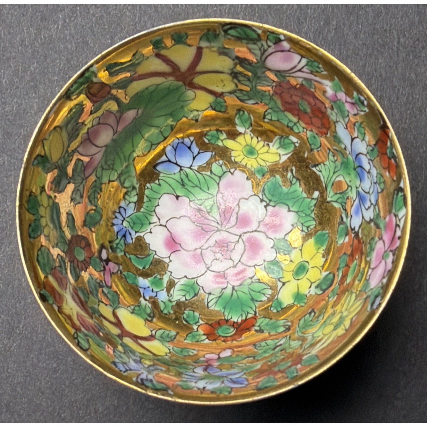 Old Eggshell Porcelain Gilt Enamel Chinese Famille Rose Mille Fleurs Wine Sake