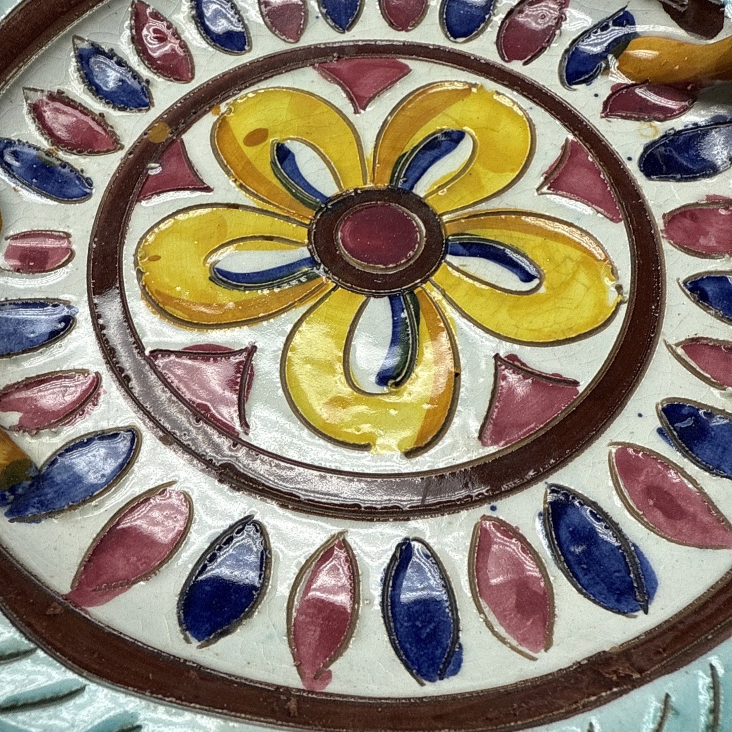 MCM Italy Sgraffito Pottery Cache Candle Base Dish Hand Painted Flower Handles