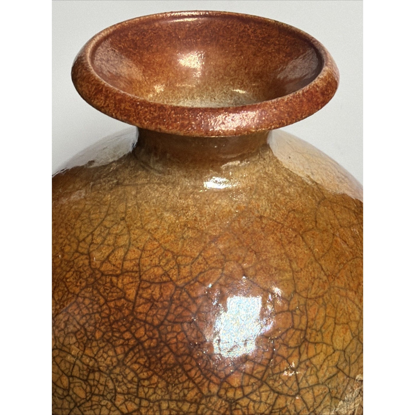 Vtg Casey Hankin Raku Art Pottery Vase Crackle Iridescent Orange Marigold Large