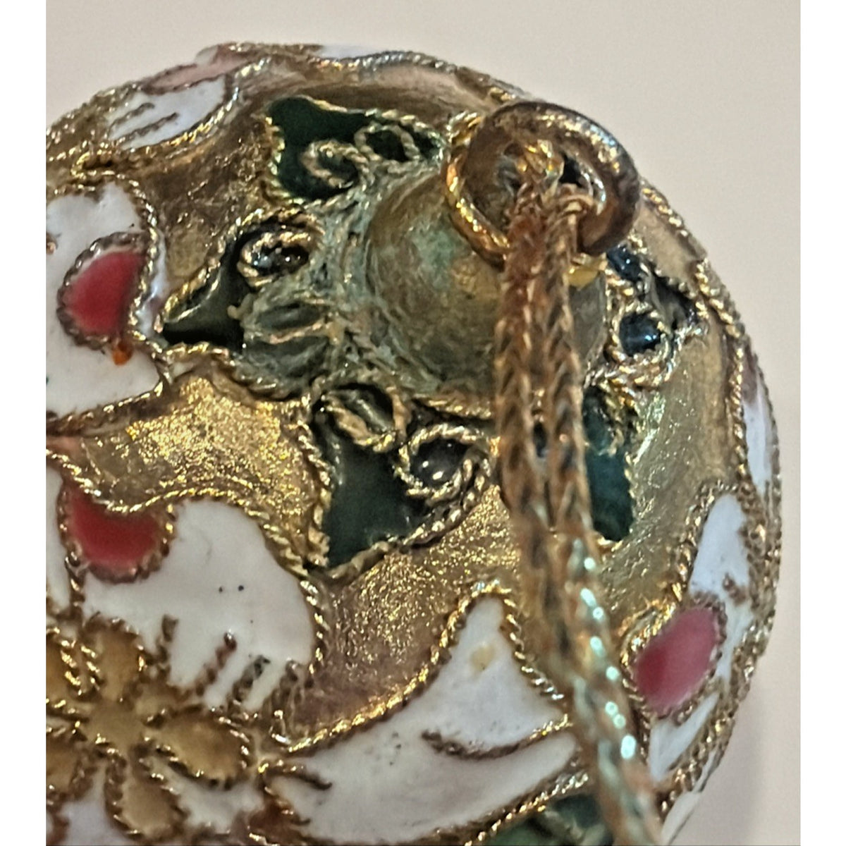 Vintage Enamel Cloisonné Egg Ornament Floral White Gold As Is