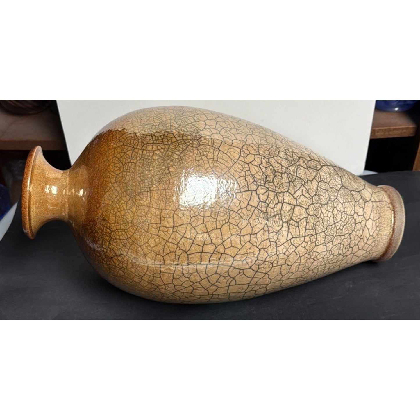 Vtg Casey Hankin Raku Art Pottery Vase Crackle Iridescent Orange Marigold Large