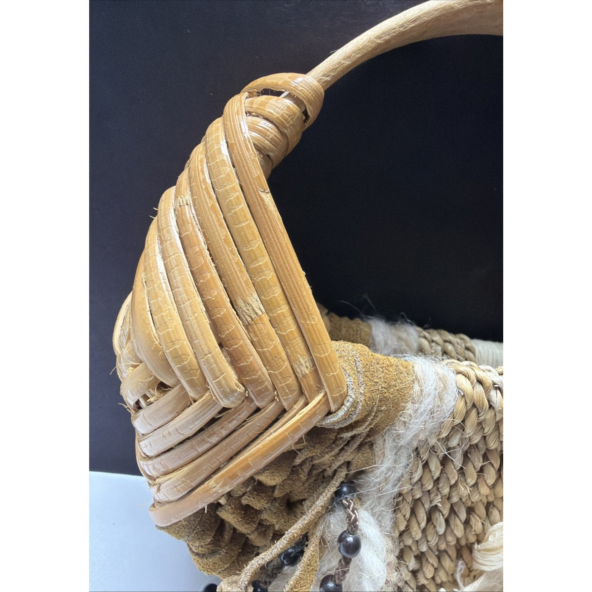 Vtg Hand Woven Basket Splint Wood Gods Eye Hanging Leather Beaded Flower As Is