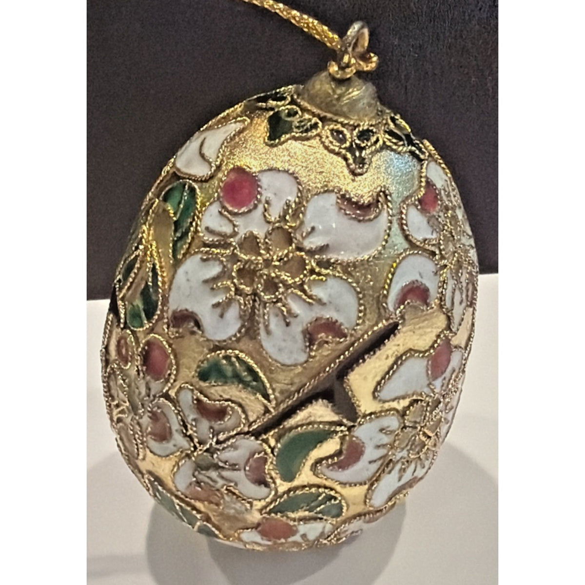 Vintage Enamel Cloisonné Egg Ornament Floral White Gold As Is