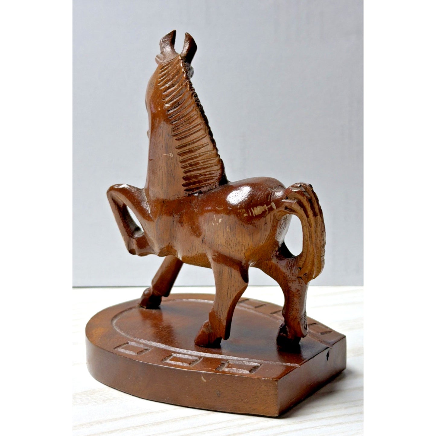 Vintage SC Vizcarra Wood Carving Horse Stallion Sculpture Horseshoe Paperweight
