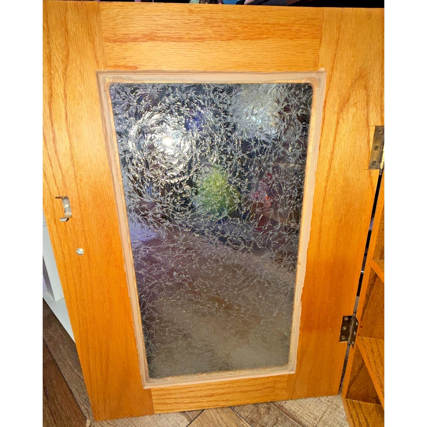 Old Oak Apothecary Cabinet Medicine Curio Textured Etched Glass Wall Mount As Is