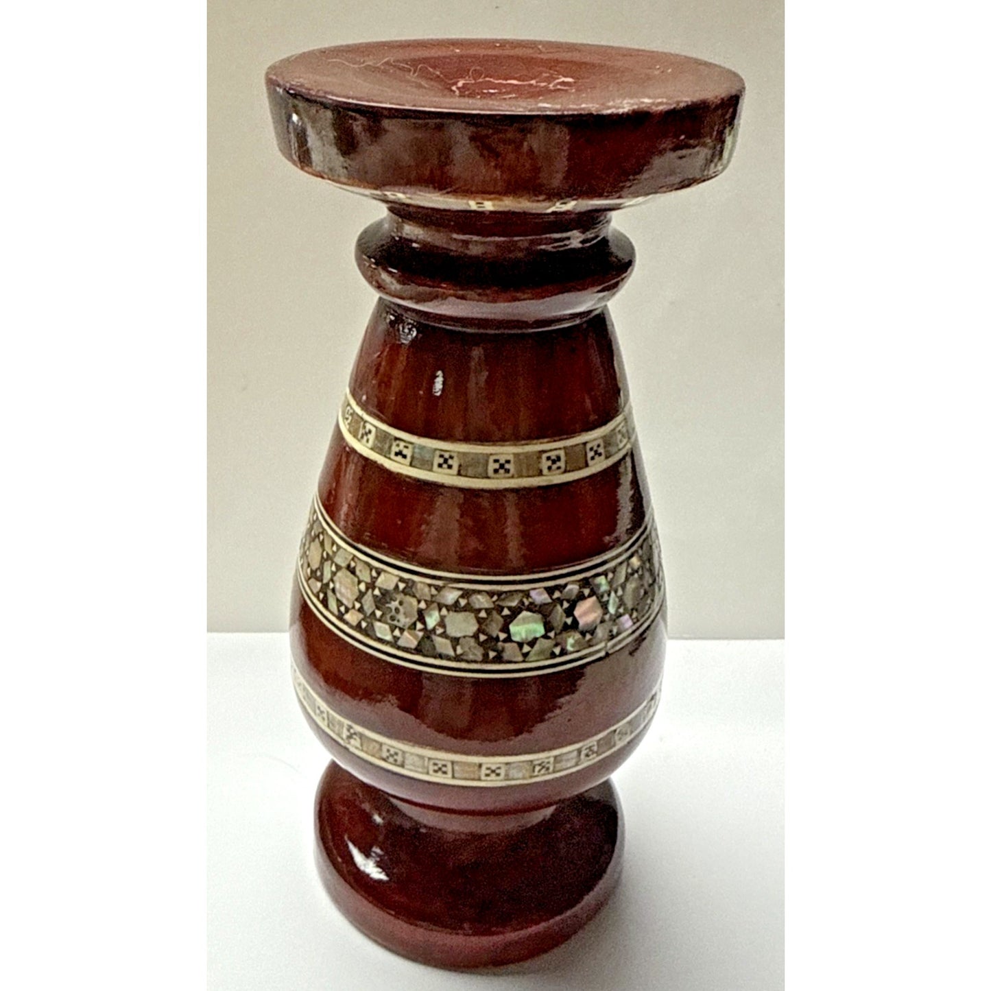 Vtg Egyptian Beechwood Inlaid Mother of Pearl Abalone Vase Mosaic Pattern As-Is