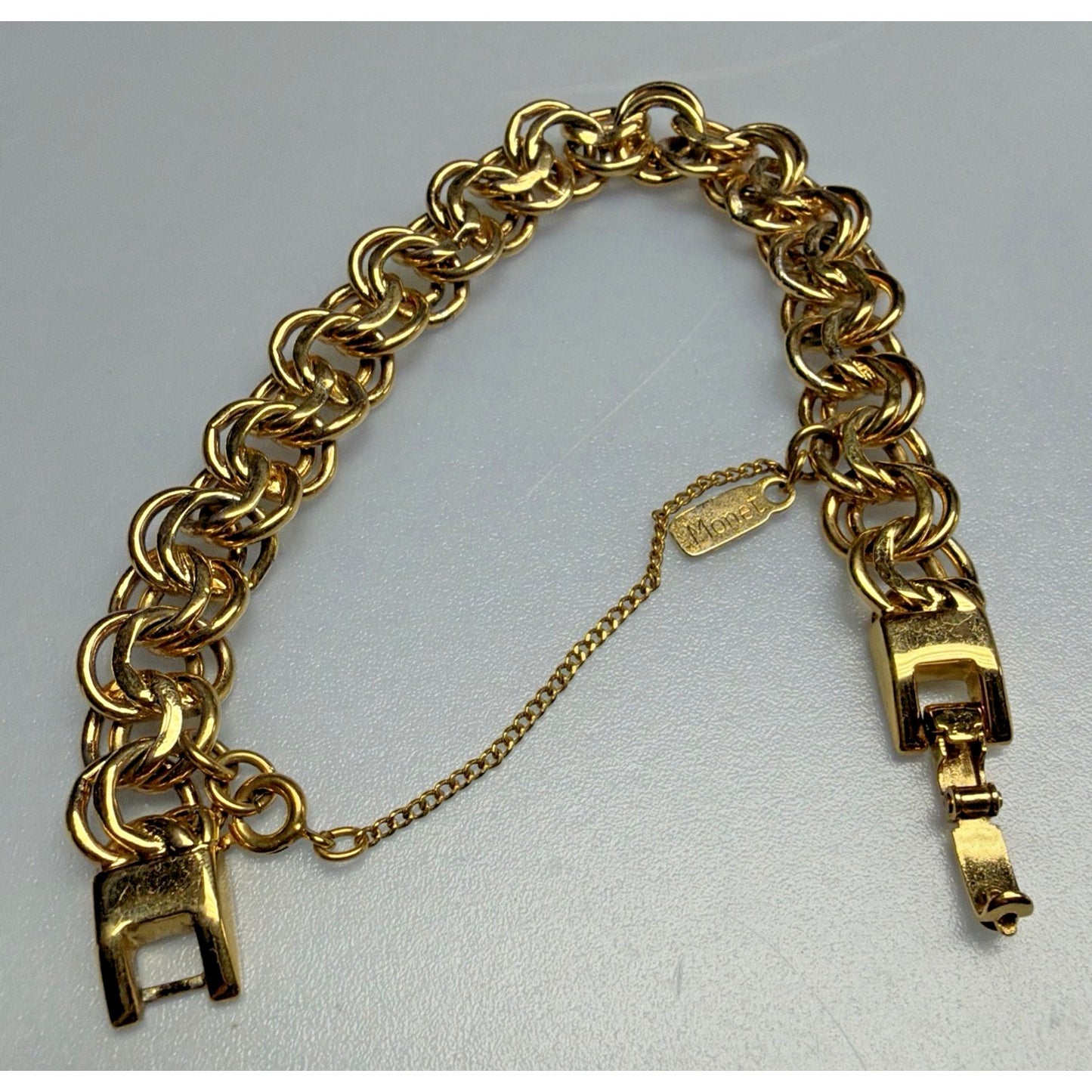 Vintage Monet Gold Tone Double Chain Link Bracelet Safety Chain Clasp