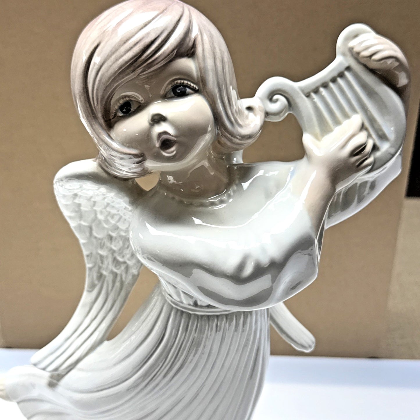 Vintage Atlantic Mold Ceramic Angel Playing Harp Hand Painted Glazed Large As Is