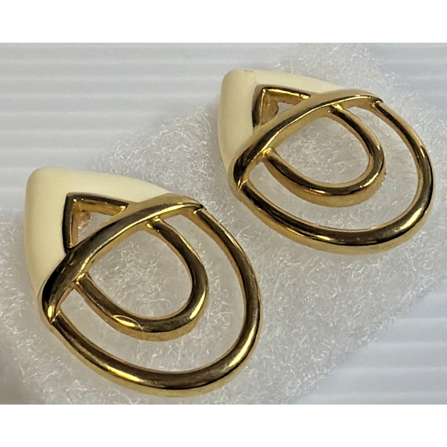 Vintage Monet Enamel Gold Tone Modernist Post Earrings White Geometric Large