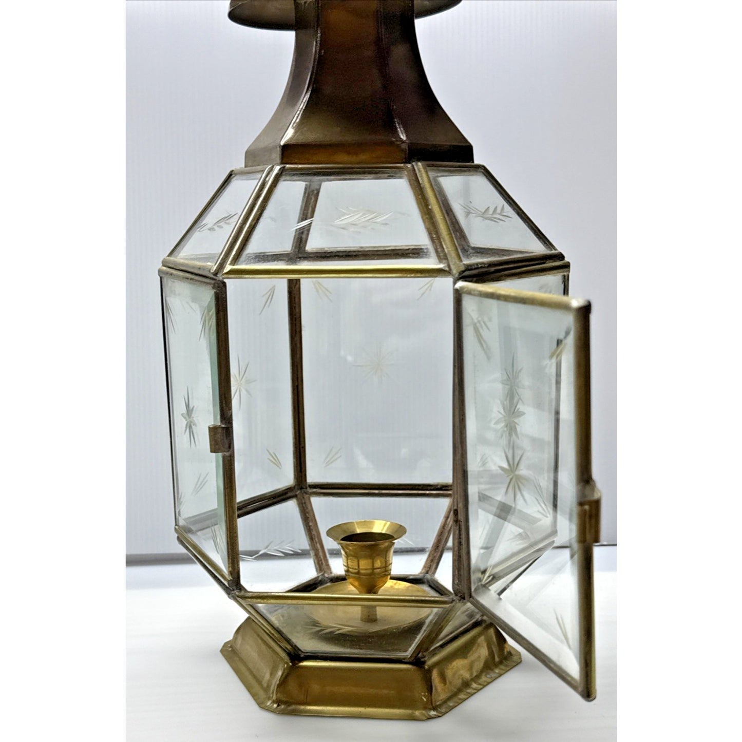 Vintage Yuksel Lambalari Turkish Shepard Brass Candle Lantern Lamp Etched Glass