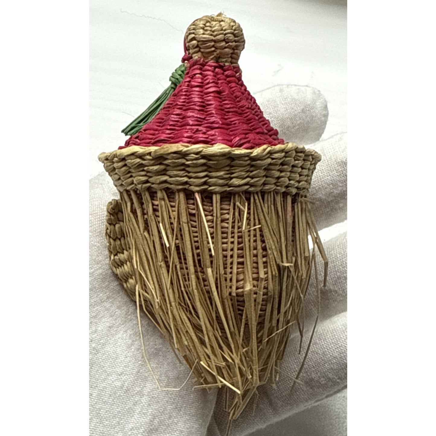 Vintage Santa Christmas Ornament Woven Straw Wicker Bells Peruvian As-Is