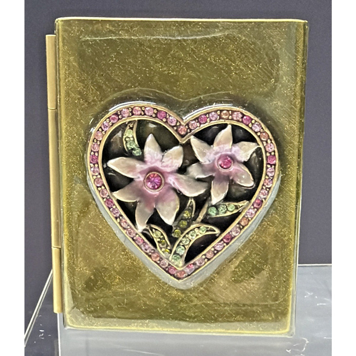 Jay Strongwater Folding Travel Double Picture Frame Heart Flowers Jeweled Green