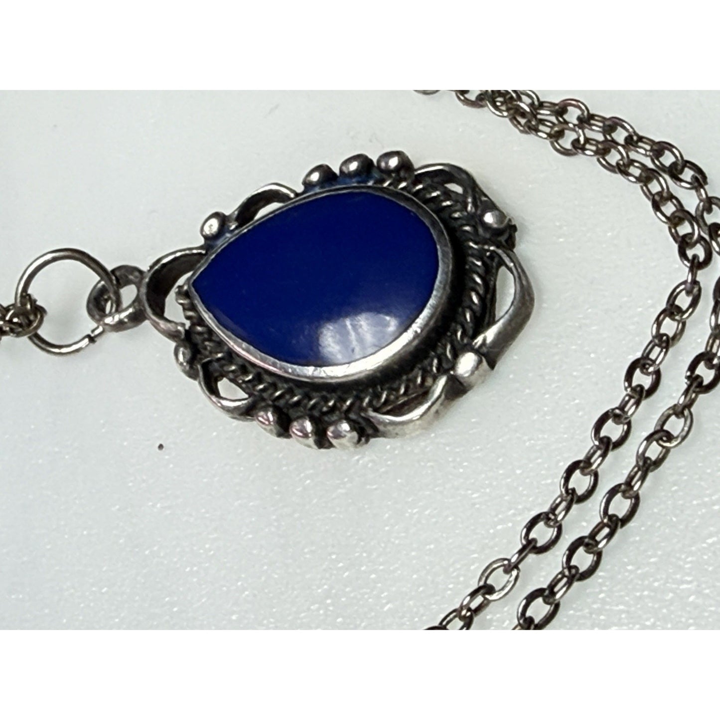 Vintage Sterling Silver Teardrop Pendant Necklace Blue Enamel As Is
