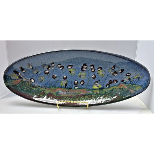 Phil Morgan Art Pottery Long Oval Platter Glazed Hand Painted Flowers Stems
