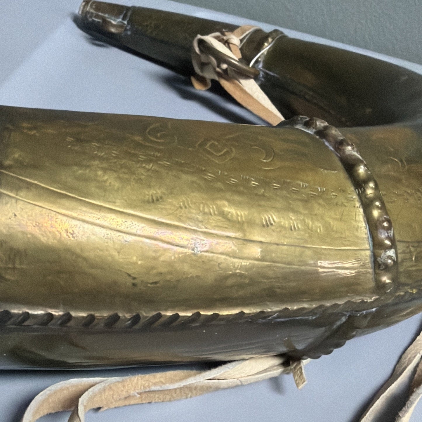 Antique Moroccan Brass Steel Black Powder Horn Flask Shot Strap As Is