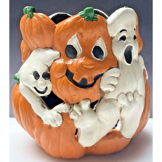 Vintage Holland Mold Halloween Ceramic Candle Holder Ghost Pumpkin Hand Painted