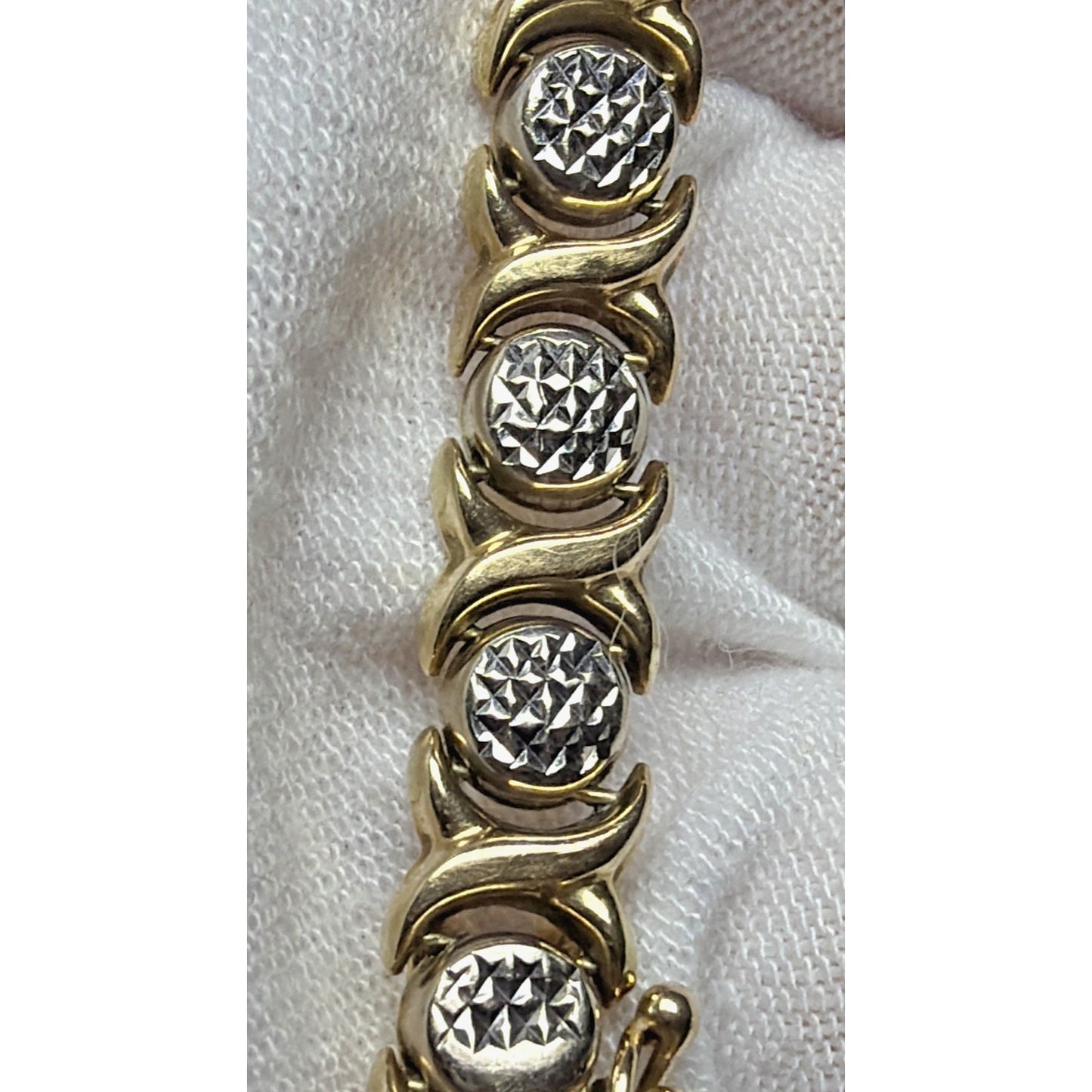 14k Yellow White Gold Diamond Cut XO Link Bracelet Stampato Turkey 9.92 grams
