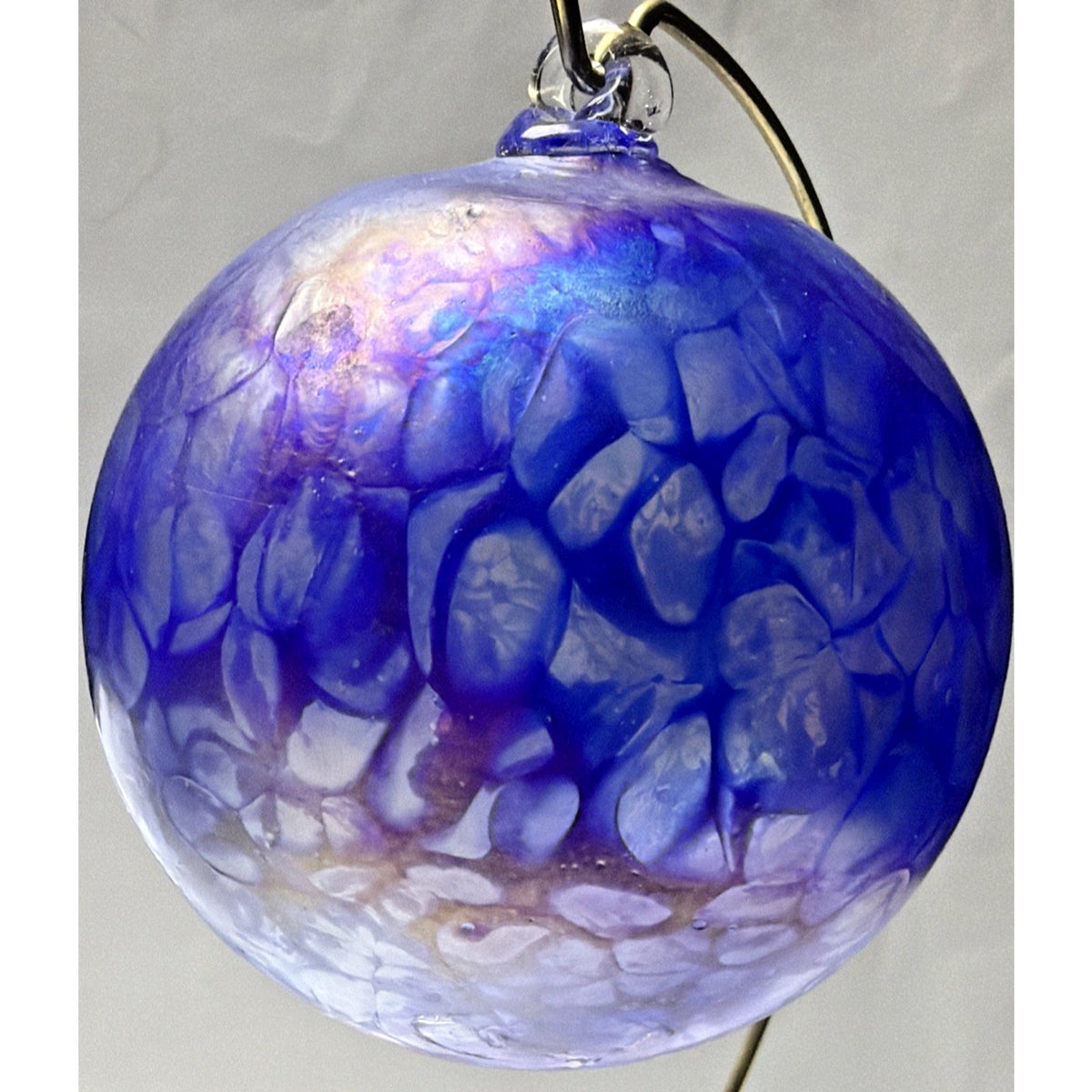 Hand Blown Studio Art Glass Cobalt Blue Iridescent Webbed Ornament Orb Witch Ball