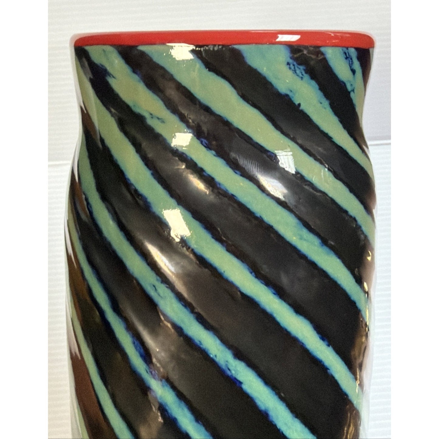 Jon Bush Iridescent Art Glass Vase Black Green Spiral Abstract Red Lip Signed