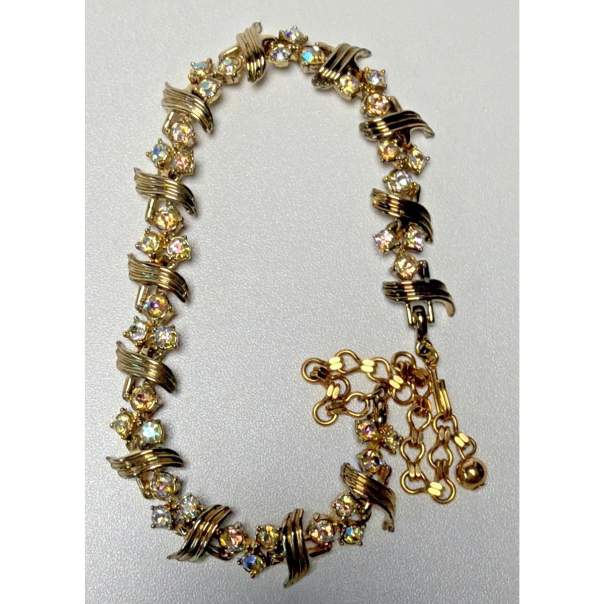 Vintage Aurora Borealis Crystal Choker Link Gold Tone Necklace Adjustable As Is
