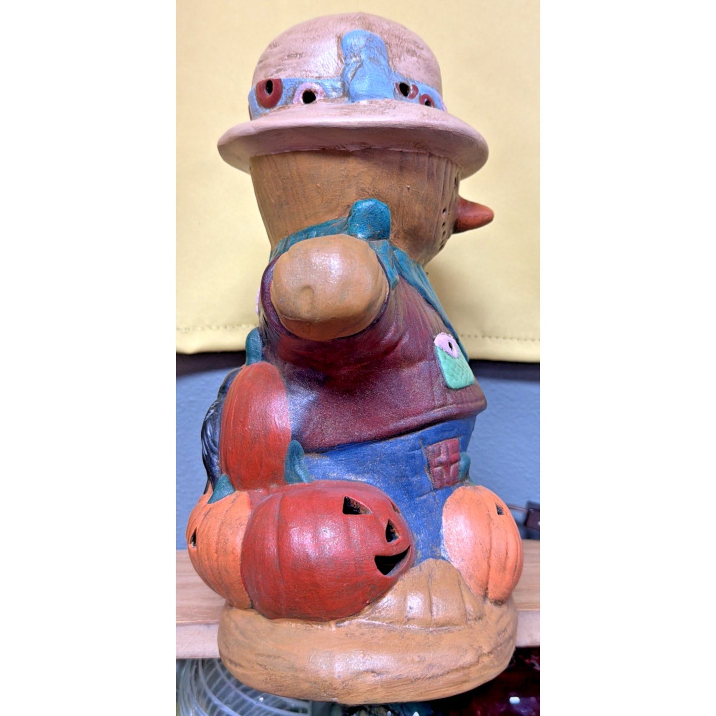 Vintage Ceramic Scarecrow Lamp Hand Painted Pumpkin Jack O Lantern Reflection