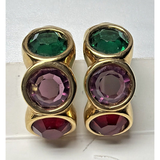 Swarovski Crystal Rhinestone Multi Color Faceted Hoop Clip On Earrings Chunky