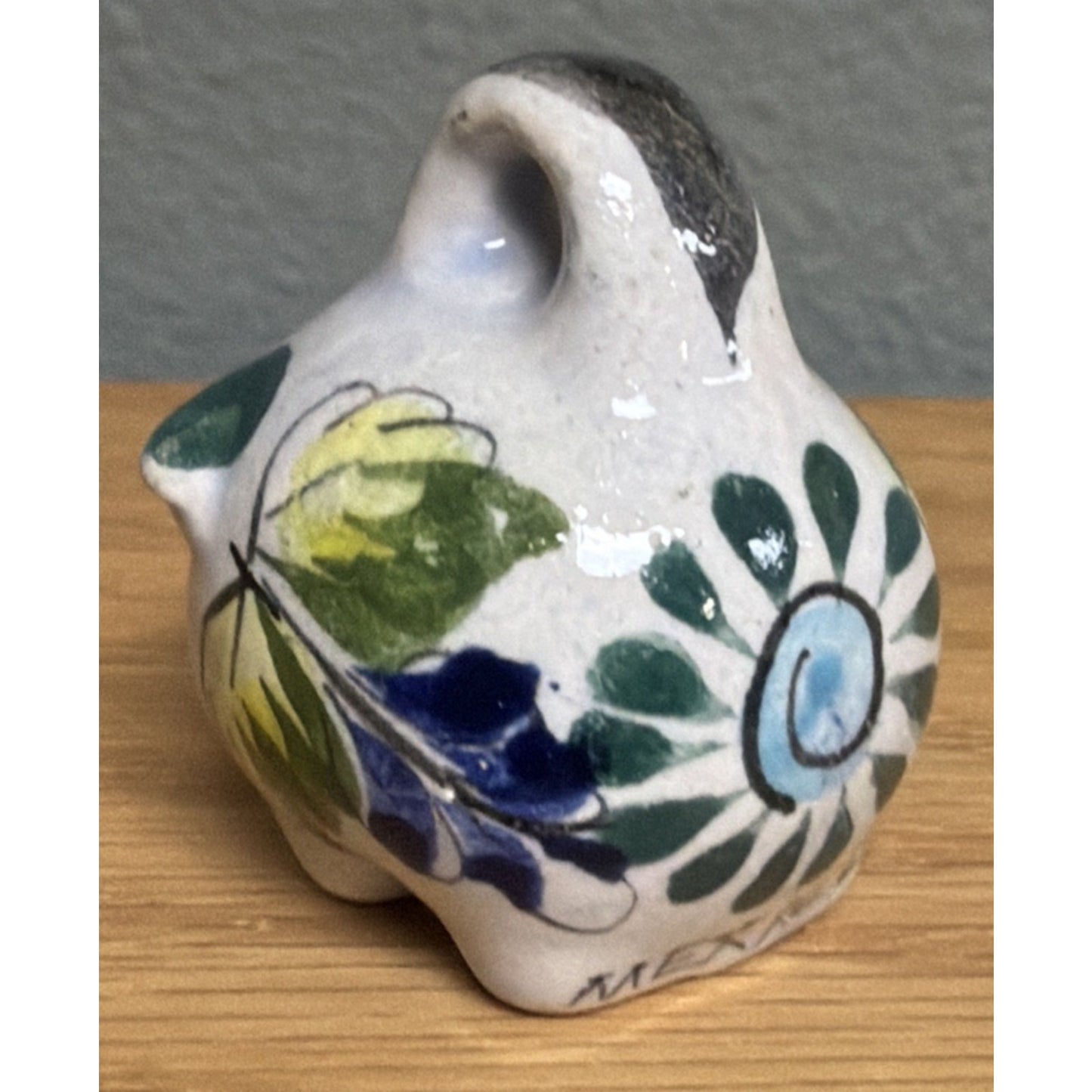 Vintage Mexican Tonala Pottery Mini Pig Hand Painted Glazed Floral Signed As Is