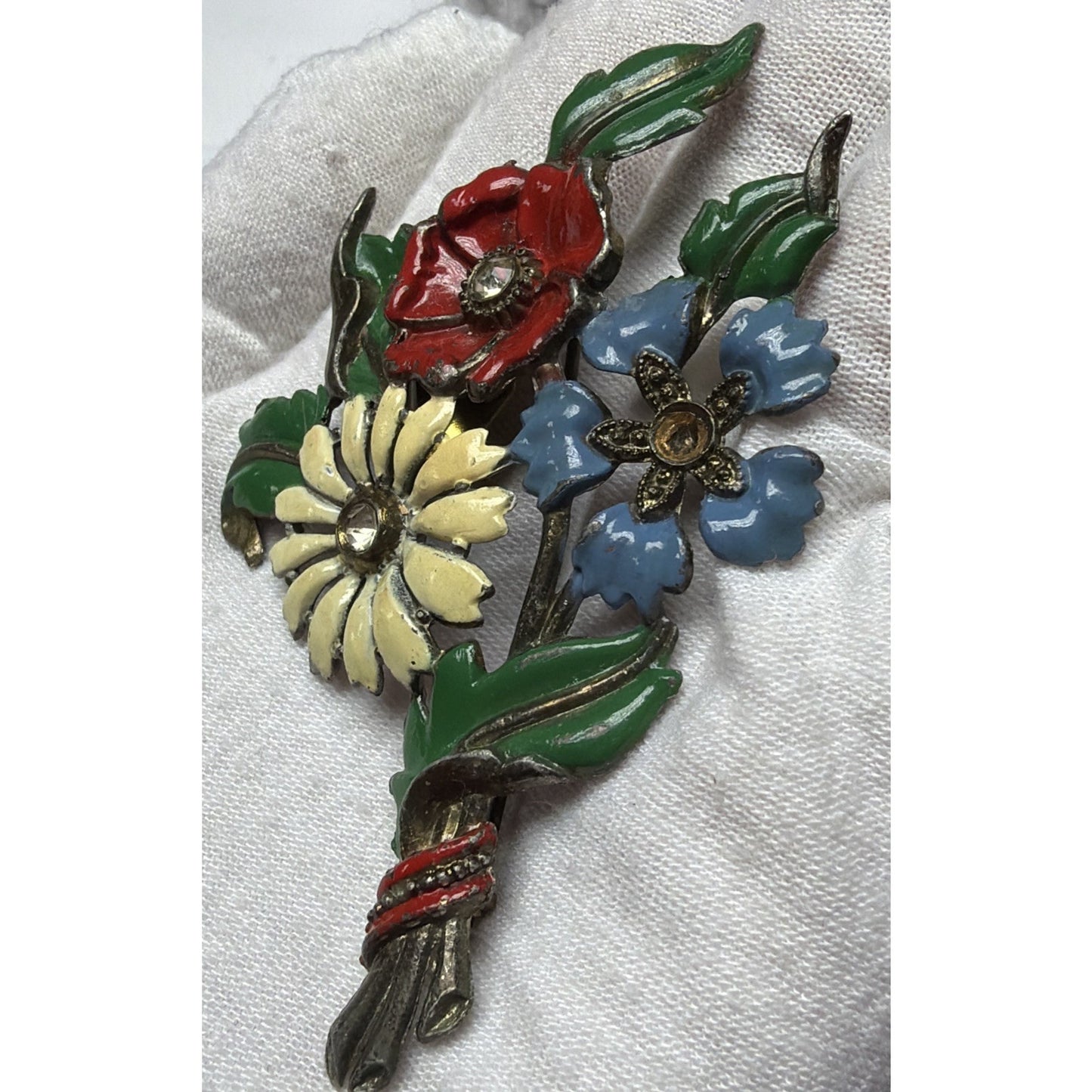 Art Deco Enamel Flower Brooch Bouquet Brass Vial Rhinestone Pot Metal As Is
