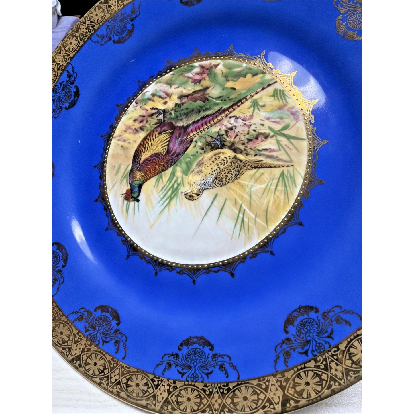 Vintage STW Bavaria Game Plate Cobalt Blue Pheasants Gold Gilt Trim Ornate